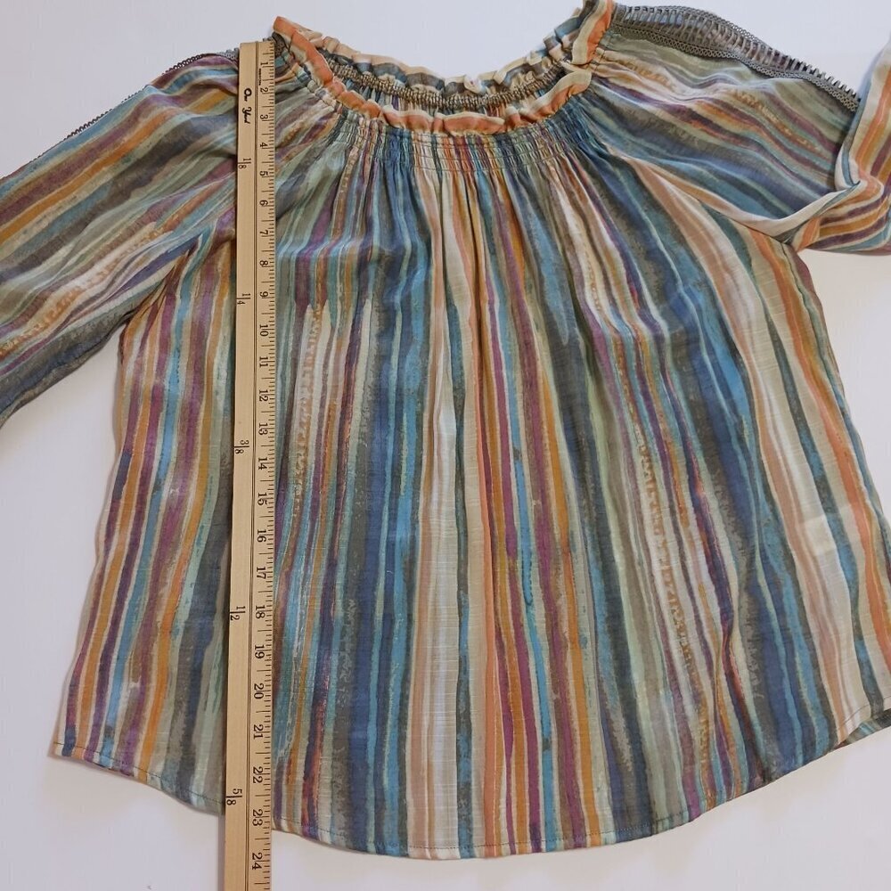 Multicolor Striped Blouse Crochet Trim Size Medium Boho Bohemian Artsy - Picture 9 of 11